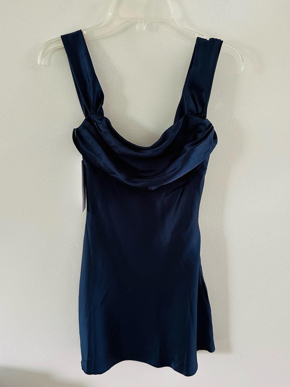 Princess Polly Zabbarra Off the Shoulders Mini Dress, Navy Satin, Size 0 NWT
